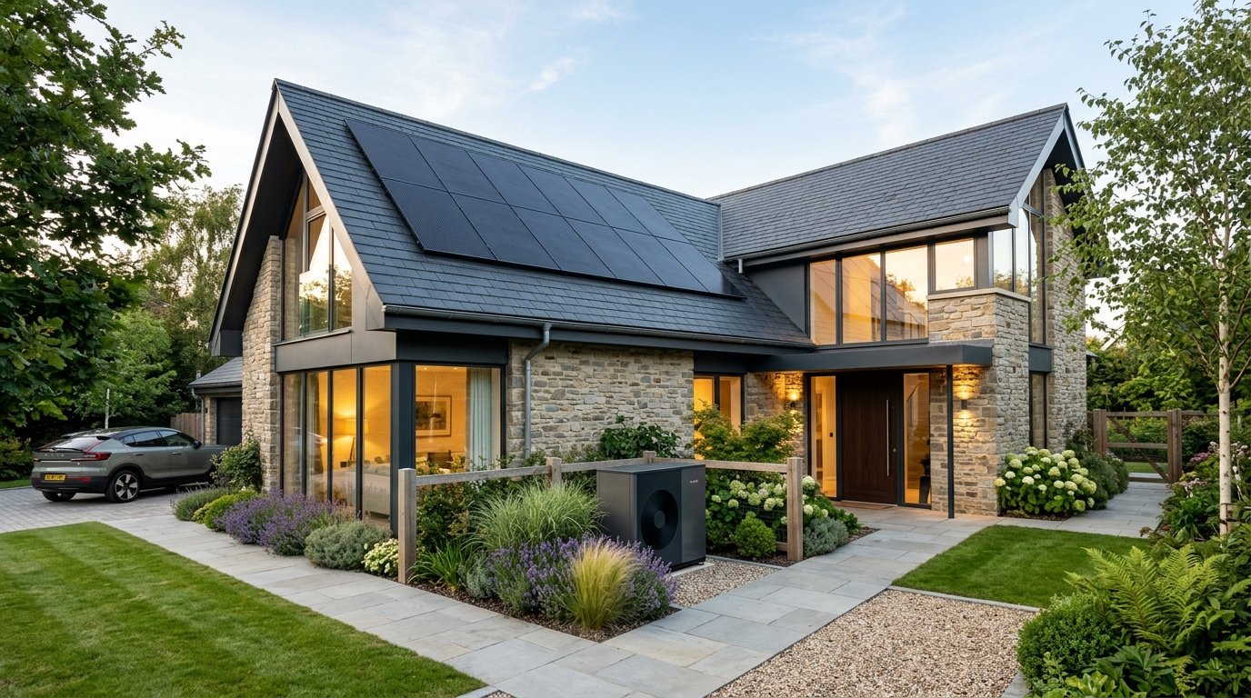 Modern British eco-friendly home with Solar PV and Heat Pump